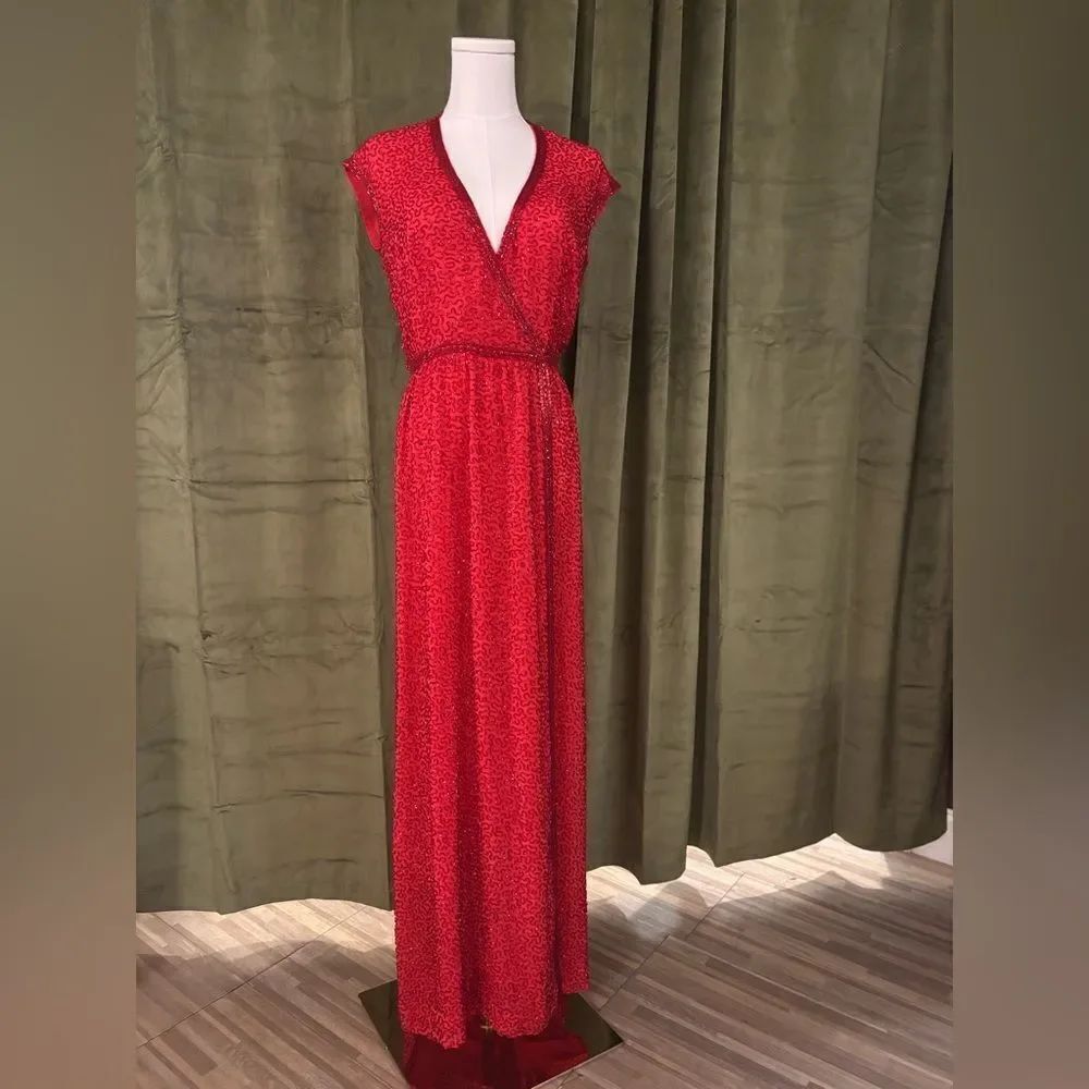 All beaded Elegant Red Wrap Dress, XS-S